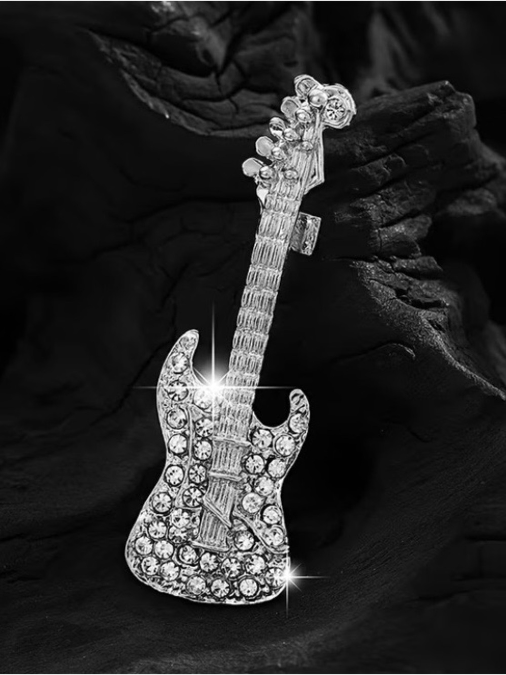 Crystal Guitar Brooch - Silver Tone Rhinestone Pin